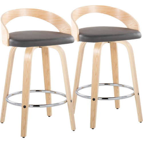 Grotto 26" Swivel Counter Stool in Natural Wood & Grey Leatherette with Chrome Footrest (Set of 2)